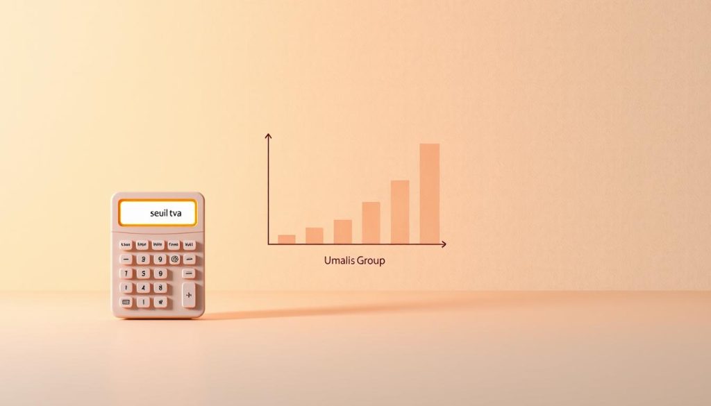A minimalist composition showcasing the "seuil tva" concept in a clean, modern style. In the foreground, a simple line-art illustration of a calculator with a glowing display. In the middle ground, a stylized bar chart in soft, muted tones, representing the VAT threshold. The background features a subtly textured gradient, evoking a sense of professionalism and financial expertise. Warm, directional lighting casts shadows that add depth and dimension. Rendered with a slightly reduced color palette to maintain focus on the key elements. Branding for "Umalis Group" discreetly incorporated into the design.