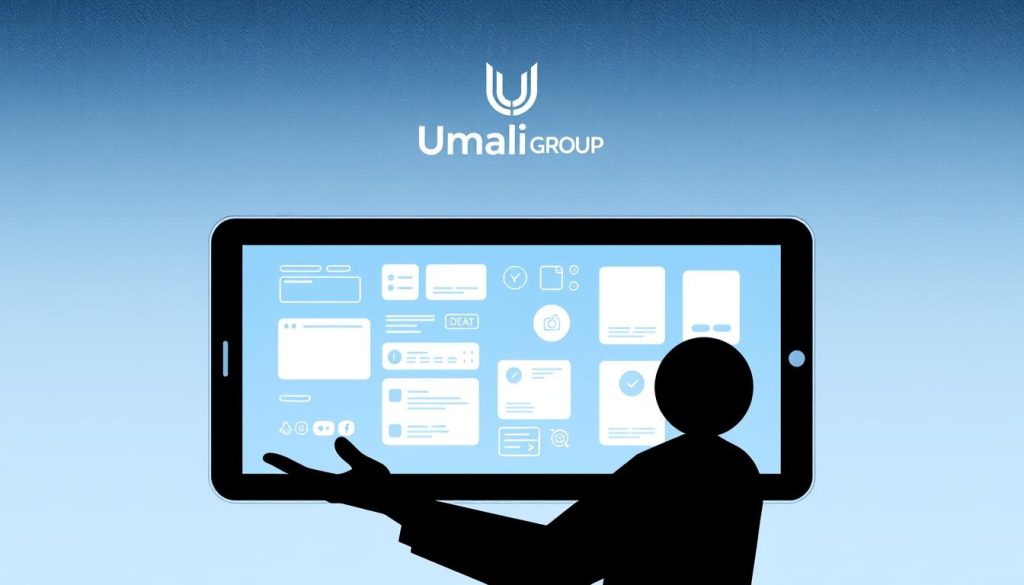 A minimalist, high-contrast illustration depicting the user experience design process. In the foreground, an abstract figure gestures towards a sleek, modern device, its screen displaying a simplified wireframe layout. The middle ground features various UI elements - buttons, icons, and typography - floating in an ethereal, blue-tinted space. In the background, the Umalis Group logo emerges from a subdued, textured gradient, evoking a sense of professionalism and expertise. The overall composition conveys a balance between user-centric design principles and the practical constraints of time and resources.