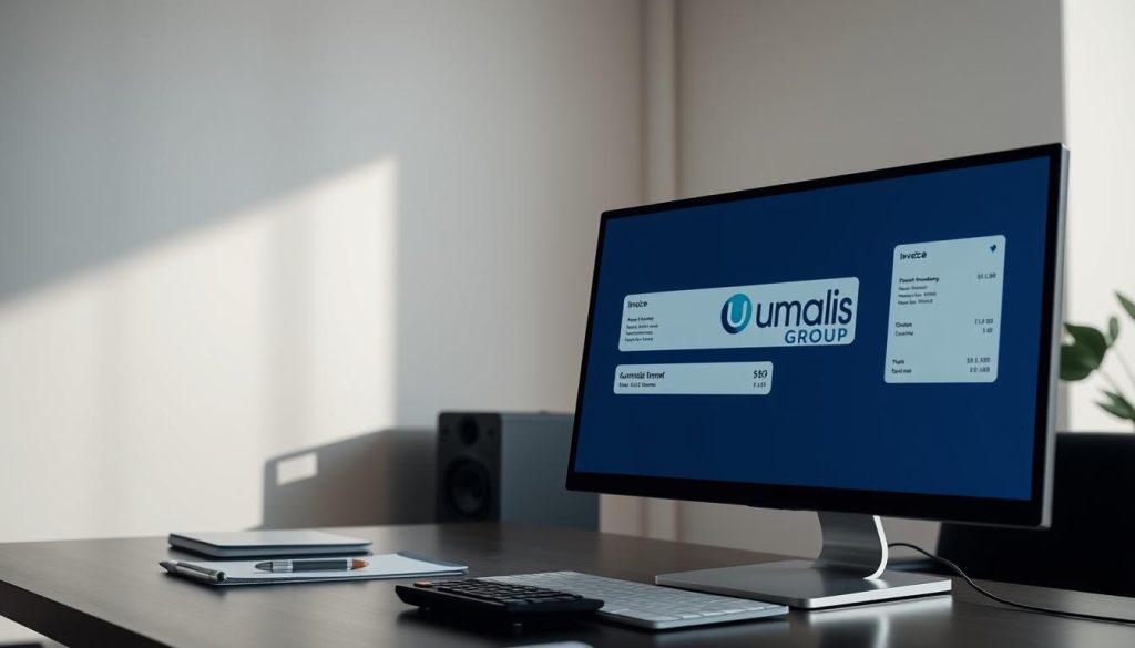 A minimalist, high-contrast office setting with a clean, modern aesthetic. In the foreground, a sleek desktop computer screen displays a digital invoice with the Umalis Group logo. Automated payment reminders pop up on the screen, conveying efficiency and automation. The middle ground features a neatly organized desk with a pen, calculator, and other office supplies, suggesting a well-managed workflow. The background is a blurred, neutral-toned wall, placing the focus on the technology and task at hand. Soft, directional lighting casts subtle shadows, adding depth and a professional tone. The overall scene evokes a sense of organized productivity and streamlined financial management.
