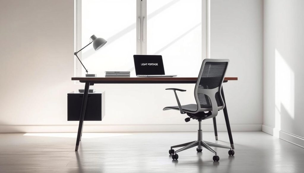 A minimalist home office with a sleek, modern desk and ergonomic chair. The workspace is bathed in soft, natural light from a large window, creating a calm and focused atmosphere. On the desk, a laptop, notebook, and a stylized "LIGHT PORTAGE" branded laptop stand or accessory. The background features a simple, muted color palette, emphasizing the clean, uncluttered design. The overall mood evokes the flexibility and productivity of freelance work in the IT industry.