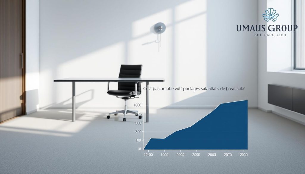 A minimalist office interior with a sleek desk and modern office chair, casting gentle shadows under soft, diffused lighting. In the foreground, a graph or chart depicting the cost breakdown of a "portage salarial" arrangement, showcasing the various components that contribute to the overall cost. The background features the Umalis Group logo, subtly hinting at the expertise and services they provide in the realm of "portage salarial".