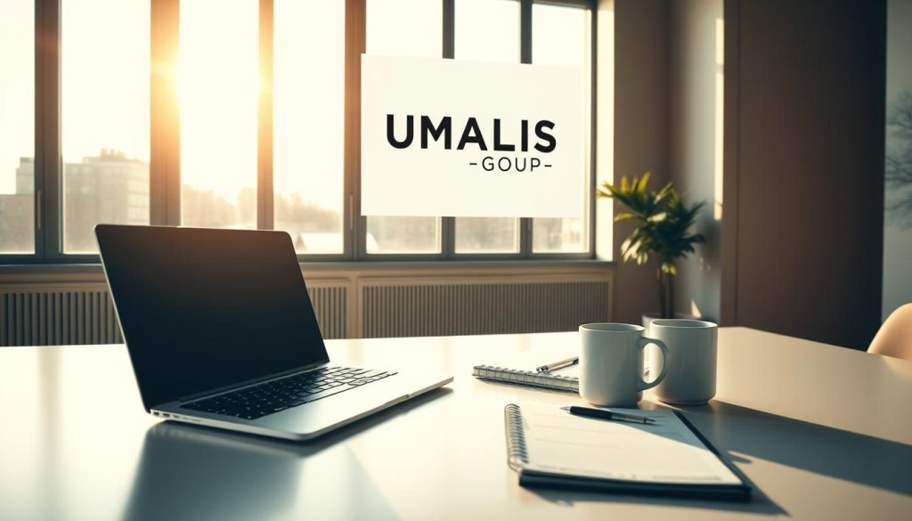 A minimalist office setting, flooded with warm natural light from large windows. On the desk, a laptop, a planner, and a mug of steaming coffee, conveying a sense of focused productivity. In the background, a large UMALIS GROUP logo serves as a subtle reminder of the brand's presence. The overall atmosphere is one of intentional time management, with a clean, organized aesthetic that reflects the section title "Gérer efficacement son temps et sa charge de travail".