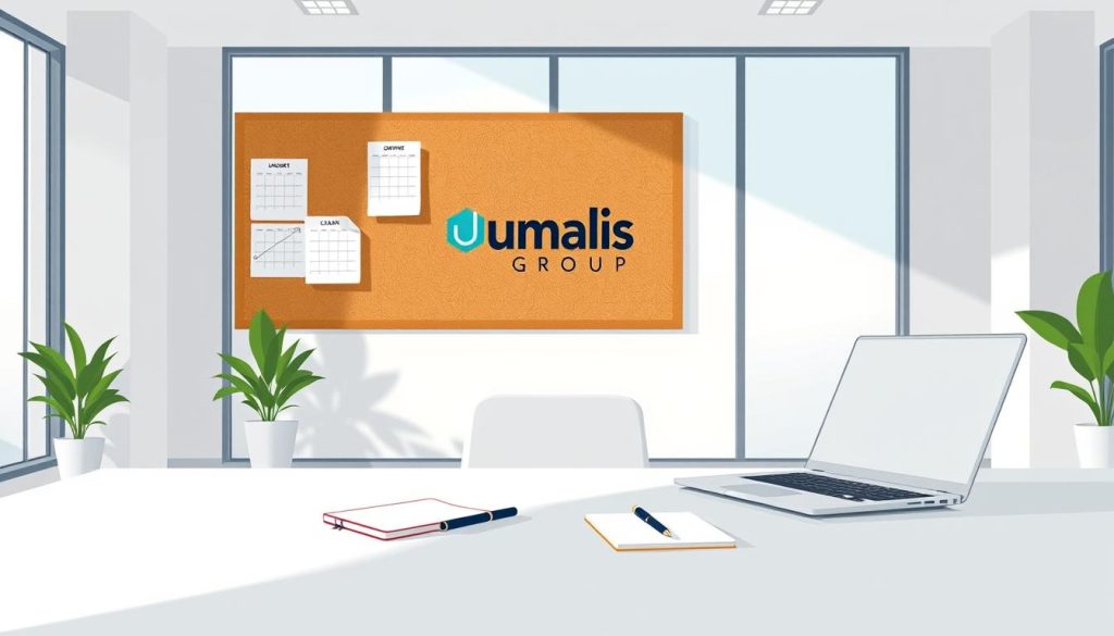 A minimalist office setting with a clean, modern aesthetic. In the foreground, a sleek white desk with a laptop, pen, and notebook. Midground, a corkboard displays sticky notes and calendar pages, with the Umalis Group logo prominently featured. The background showcases floor-to-ceiling windows, allowing natural light to flood the space and creating a sense of openness and productivity. The overall mood is one of organization, efficiency, and a focus on content creation. A minimalist office setting with a clean, modern aesthetic. In the foreground, a sleek white desk with a laptop, pen, and notebook. Midground, a corkboard displays sticky notes and calendar pages, with the Umalis Group logo prominently featured. The background showcases floor-to-ceiling windows, allowing natural light to flood the space and creating a sense of openness and productivity. The overall mood is one of organization, efficiency, and a focus on content creation.