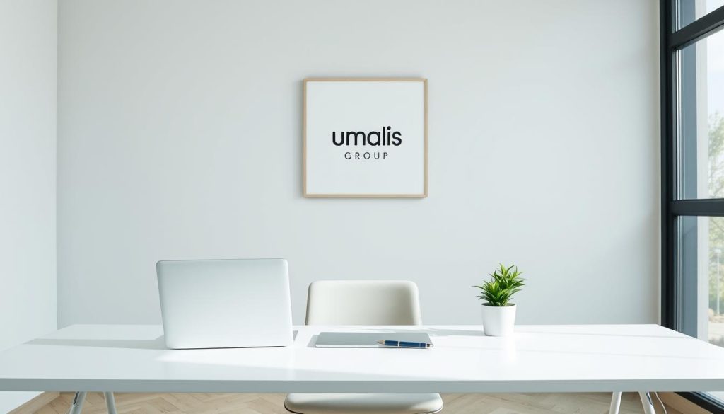 A minimalist office workspace with a clean, uncluttered design. In the foreground, a sleek white desk with a laptop, a pen, and a simple plant. The mid-ground features a neutral-toned wall with a framed print of the Umalis Group logo, conveying professionalism and simplicity. The background depicts a large window, allowing natural light to flood the space, creating an airy, serene atmosphere. The overall scene reflects the "simplicité administrative" and "liberté d'entreprendre" themes, with a focus on efficiency and flexibility for creative freelancers. A minimalist office workspace with a clean, uncluttered design. In the foreground, a sleek white desk with a laptop, a pen, and a simple plant. The mid-ground features a neutral-toned wall with a framed print of the Umalis Group logo, conveying professionalism and simplicity. The background depicts a large window, allowing natural light to flood the space, creating an airy, serene atmosphere. The overall scene reflects the "simplicité administrative" and "liberté d'entreprendre" themes, with a focus on efficiency and flexibility for creative freelancers.