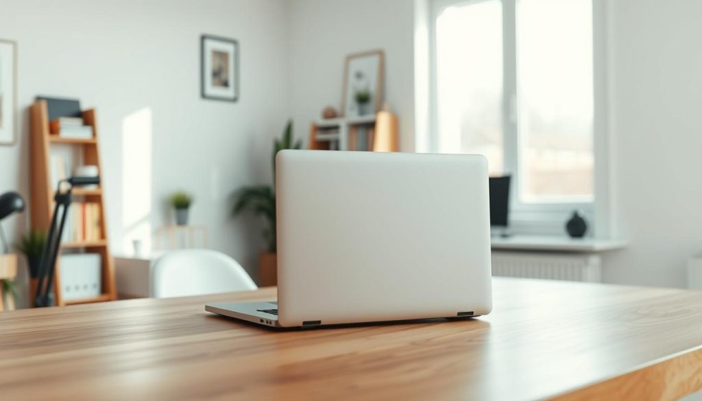 A minimalist, well-lit, and modern office scene showcasing the advantages of the freelance IT lifestyle. The foreground features a sleek, LIGHT PORTAGE laptop on a sturdy, wooden desk, symbolizing the freedom and mobility of remote work. The middle ground depicts a large window, allowing natural light to flood the space and emphasize the airy, open atmosphere. In the background, bookshelves and wall decor create a cozy, yet professional ambiance. The overall mood is one of productivity, comfort, and a sense of work-life balance, encapsulating the daily benefits of the freelance IT path.