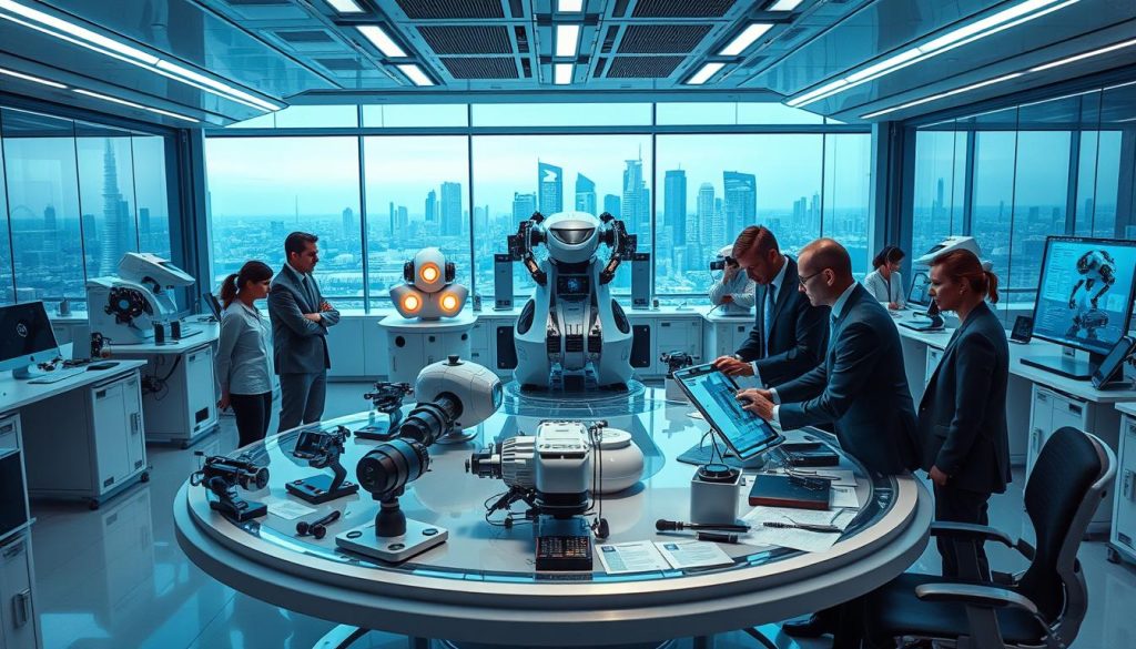 A modern AI laboratory designed for mission preparation, featuring sleek, high-tech equipment and interactive digital displays. In the foreground, diverse professionals in smart business attire collaborate around a large round table, analyzing data on holographic screens. The middle ground showcases advanced robotic prototypes and AI-driven machines, surrounded by research papers and prototypes. The high-tech environment is illuminated by soft blue and white LED lights, creating a focused, innovative atmosphere. In the background, large glass windows reveal a city skyline, symbolizing a connection to the future. The overall mood is one of excitement and anticipation, reflecting the cutting-edge advancements by UMALIS GROUP in the field of artificial intelligence experimentation.