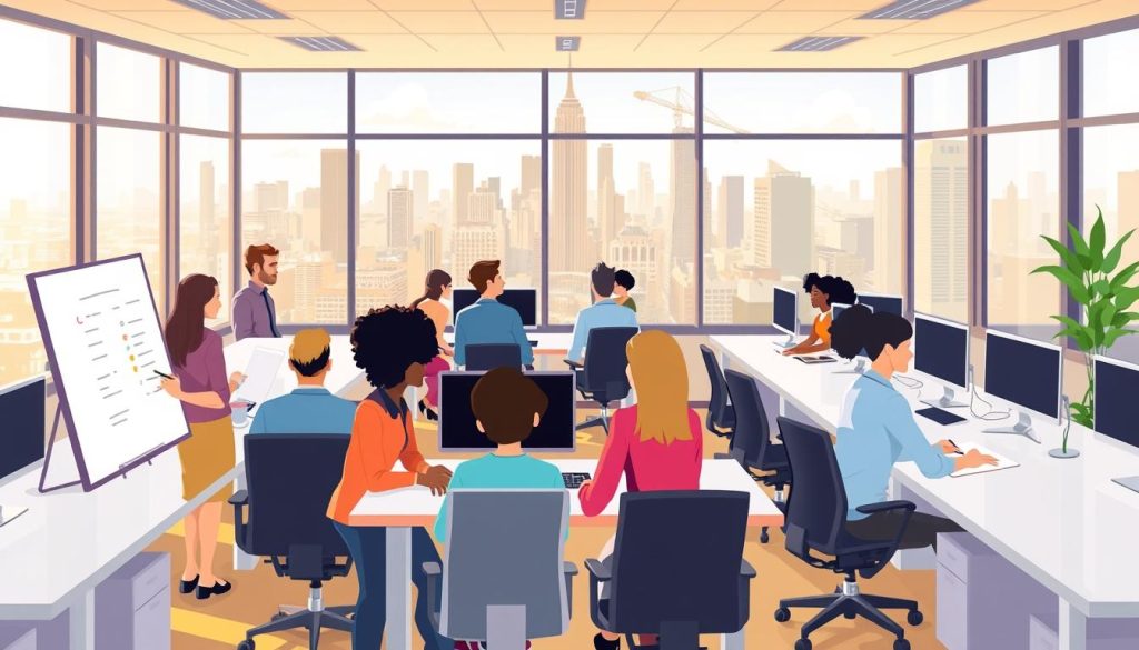 A modern, airy office space with flexible workstations and collaborative zones. In the foreground, a group of diverse professionals engage in a brainstorming session, using a digital whiteboard. The middle ground features adjustable desks, ergonomic chairs, and strategic lighting, creating a productive yet relaxed atmosphere. In the background, floor-to-ceiling windows offer a scenic view of a vibrant cityscape, bathed in warm, natural light. The overall scene conveys a sense of agility, innovation, and work-life balance - key benefits of a comprehensive payrolling service.