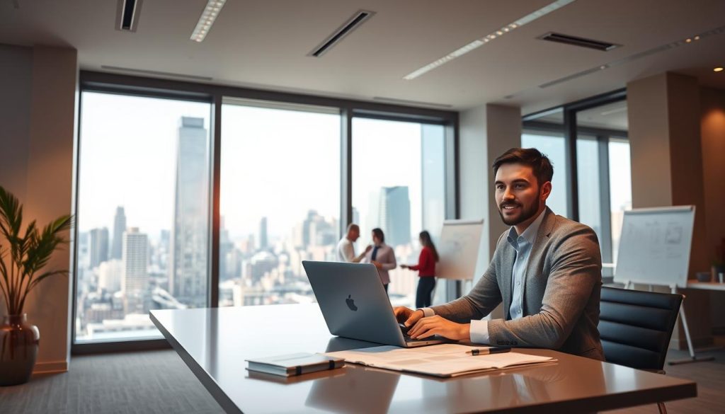 A modern, airy office space with large windows overlooking a bustling city skyline. In the foreground, a confident entrepreneur sits at a sleek desk, laptop open and papers neatly organized, embodying the "liberté entrepreneuriale" of the Umalis Group's portage salarial model. The middle ground features a team of consultants collaborating around a whiteboard, highlighting the autonomy and flexibility of this work arrangement. The background showcases the vibrant energy of the city, symbolizing the boundless opportunities available to these experienced professionals. Warm, diffused lighting and a minimalist, harmonious color palette convey a sense of professionalism and empowerment.