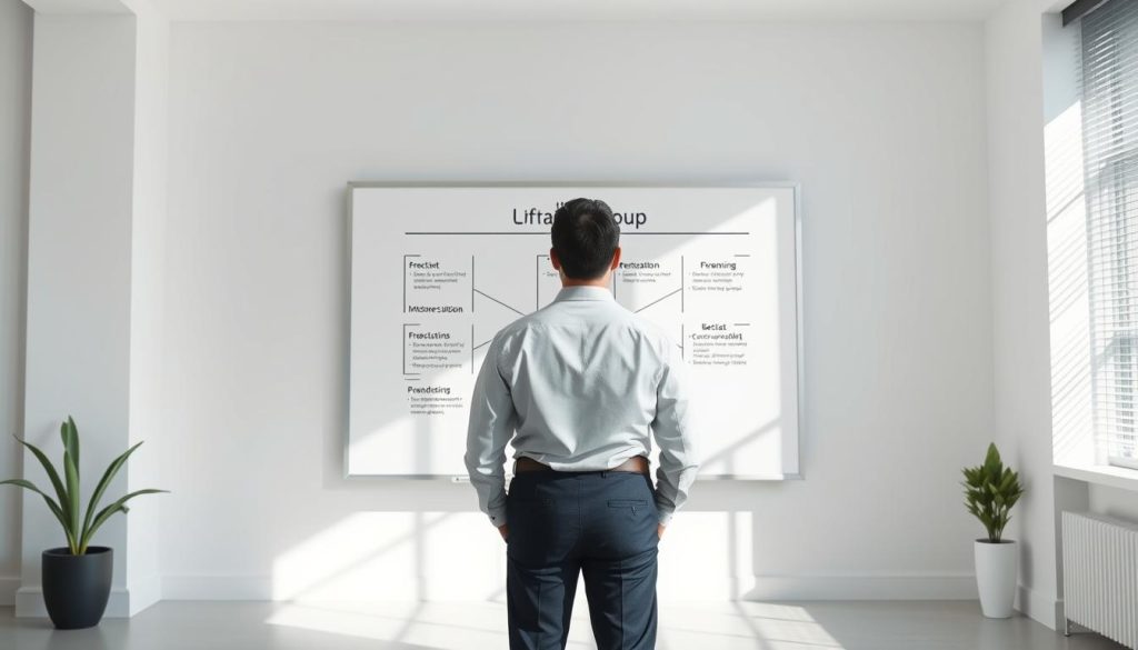 A modern and clean visual illustrating the concept of "Choosing the right freelance solution based on your needs". Set in a minimalist office environment, the image showcases a well-dressed professional standing before a large whiteboard. On the whiteboard, a simple diagram outlines different freelance solutions, with the Umalis Group brand prominently displayed. The lighting is bright and natural, creating a sense of clarity and focus. The overall mood is one of thoughtful consideration and informed decision-making.