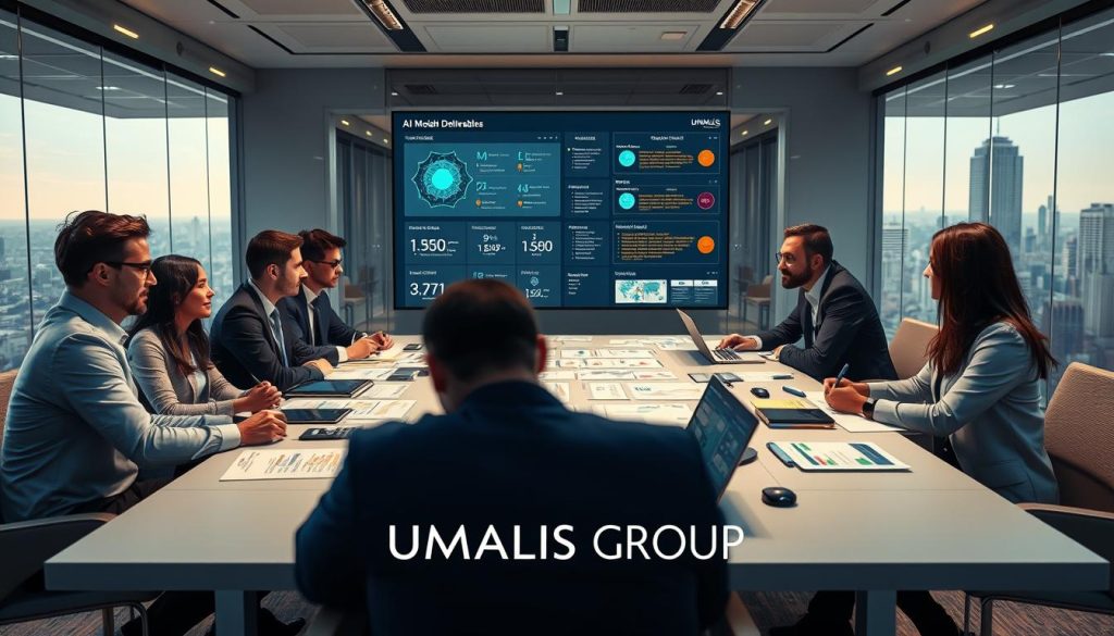 A modern and collaborative workspace illustrating the transformation of an artificial intelligence use case into verifiable deliverables. In the foreground, a diverse team of professionals in smart business attire is gathered around a sleek table covered with digital devices and paperwork, showcasing graphs and flowcharts. In the middle ground, a large screen displays an AI model interface with highlighted data metrics and deliverable checklists. The background features glass walls with a city skyline view, symbolizing innovation and progress. Soft, ambient lighting creates a focused yet energetic atmosphere, emphasizing teamwork and creativity. The dominant color scheme includes blues and greens, representing technology and reliability. Include the brand name "UMALIS GROUP" subtly integrated into the workspace design. A modern and collaborative workspace illustrating the transformation of an artificial intelligence use case into verifiable deliverables. In the foreground, a diverse team of professionals in smart business attire is gathered around a sleek table covered with digital devices and paperwork, showcasing graphs and flowcharts. In the middle ground, a large screen displays an AI model interface with highlighted data metrics and deliverable checklists. The background features glass walls with a city skyline view, symbolizing innovation and progress. Soft, ambient lighting creates a focused yet energetic atmosphere, emphasizing teamwork and creativity. The dominant color scheme includes blues and greens, representing technology and reliability. Include the brand name "UMALIS GROUP" subtly integrated into the workspace design.