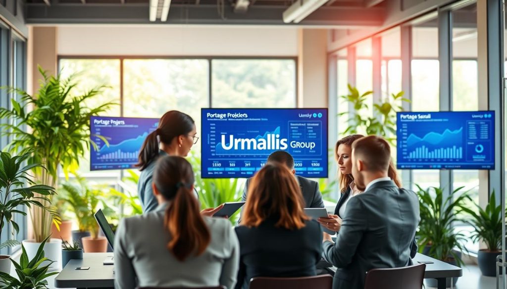 A modern and dynamic digital workspace illustrating the concept of using digital platforms in the "portage salarial" system. In the foreground, a diverse group of professionals in smart business attire, engaged in discussions while using laptops and tablets, showcasing collaboration. In the middle, digital screens display graphs and analytics related to freelance projects, symbolizing growth and opportunities. The background features a sleek, open office environment filled with greenery for a refreshing atmosphere, with soft natural light streaming through large windows. An inspiring atmosphere of innovation and connectivity is emphasized by vibrant colors, highlighting the importance of digital platforms and social networks for freelancers. Prominently include the brand name "Umalis Group" on a digital screen in the workspace, representing modern solutions in the freelance economy. A modern and dynamic digital workspace illustrating the concept of using digital platforms in the "portage salarial" system. In the foreground, a diverse group of professionals in smart business attire, engaged in discussions while using laptops and tablets, showcasing collaboration. In the middle, digital screens display graphs and analytics related to freelance projects, symbolizing growth and opportunities. The background features a sleek, open office environment filled with greenery for a refreshing atmosphere, with soft natural light streaming through large windows. An inspiring atmosphere of innovation and connectivity is emphasized by vibrant colors, highlighting the importance of digital platforms and social networks for freelancers. Prominently include the brand name "Umalis Group" on a digital screen in the workspace, representing modern solutions in the freelance economy.
