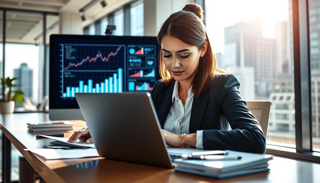 A modern and dynamic office environment showcasing a female consultant in a professional business attire, working diligently at a sleek desk filled with documents and a laptop. In the foreground, capture a close-up of her focused expression, pen in hand, as she takes notes from a virtual meeting on the computer screen. The middle ground offers a blurred view of a digital board filled with graphs and strategy charts, symbolizing business growth and optimization. In the background, large windows reveal a bustling cityscape, with sunlight streaming in to create a bright and positive atmosphere, enhancing the sense of productivity and professionalism. The overall mood is one of determination and success, evoking a sense of purpose in consulting and business development.