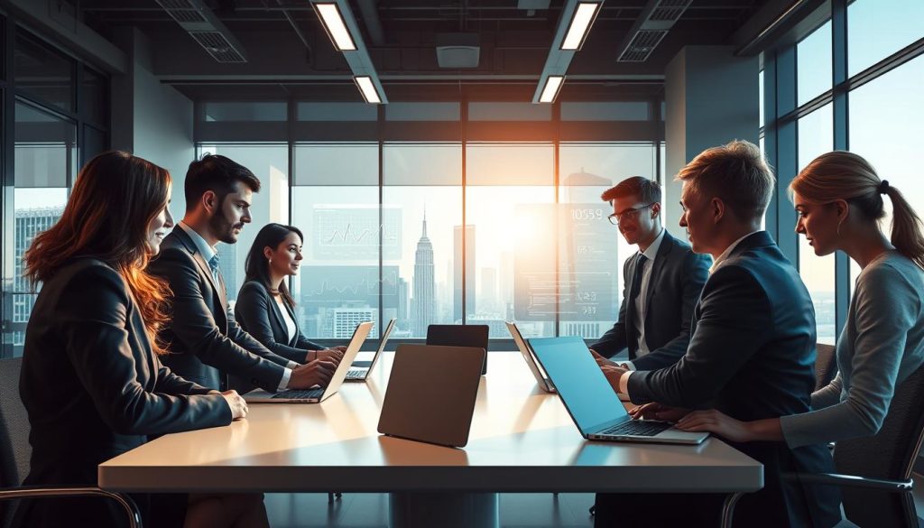 A modern and dynamic workspace showcasing various information technology professions under the theme of "Portage Salarial." In the foreground, a diverse group of professionals wearing smart business attire—men and women—are engaged in collaborative discussions around a sleek conference table, with laptops open, showcasing coding and digital design. The middle ground presents a large digital display with data analytics charts and coding interfaces, emphasizing teamwork and innovation. In the background, large windows reveal a city skyline, bathed in natural sunlight, creating an uplifting and inspiring atmosphere. The lighting is bright and inviting, with a focus on warm tones to enhance a sense of security and professionalism in the tech industry. The overall mood is collaborative, focused, and forward-thinking, reflecting the critical nature of expertise in information technology. A modern and dynamic workspace showcasing various information technology professions under the theme of "Portage Salarial." In the foreground, a diverse group of professionals wearing smart business attire—men and women—are engaged in collaborative discussions around a sleek conference table, with laptops open, showcasing coding and digital design. The middle ground presents a large digital display with data analytics charts and coding interfaces, emphasizing teamwork and innovation. In the background, large windows reveal a city skyline, bathed in natural sunlight, creating an uplifting and inspiring atmosphere. The lighting is bright and inviting, with a focus on warm tones to enhance a sense of security and professionalism in the tech industry. The overall mood is collaborative, focused, and forward-thinking, reflecting the critical nature of expertise in information technology.
