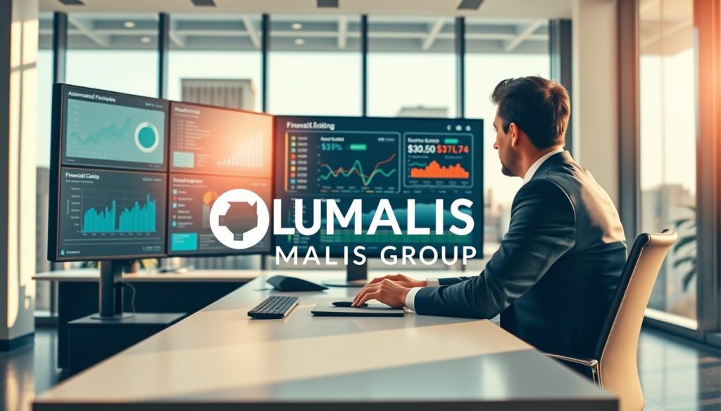 A modern and efficient financial workspace showcasing the concept of automated financial closing. In the foreground, a well-dressed professional in business attire is seated at a sleek desk, analyzing data on multiple screens displaying graphs and financial reports. The middle ground features a digital dashboard with automated notifications and progress bars, emphasizing efficiency and technological integration. The background portrays a contemporary office setting with large windows allowing natural light to flood in, creating a bright and optimistic atmosphere. Soft shadows enhance the depth of the scene, using a warm color palette to evoke a sense of professionalism and trust. Incorporate the brand name "UMALIS GROUP" subtly within the workspace, enhancing the theme of financial management without dominating the image.