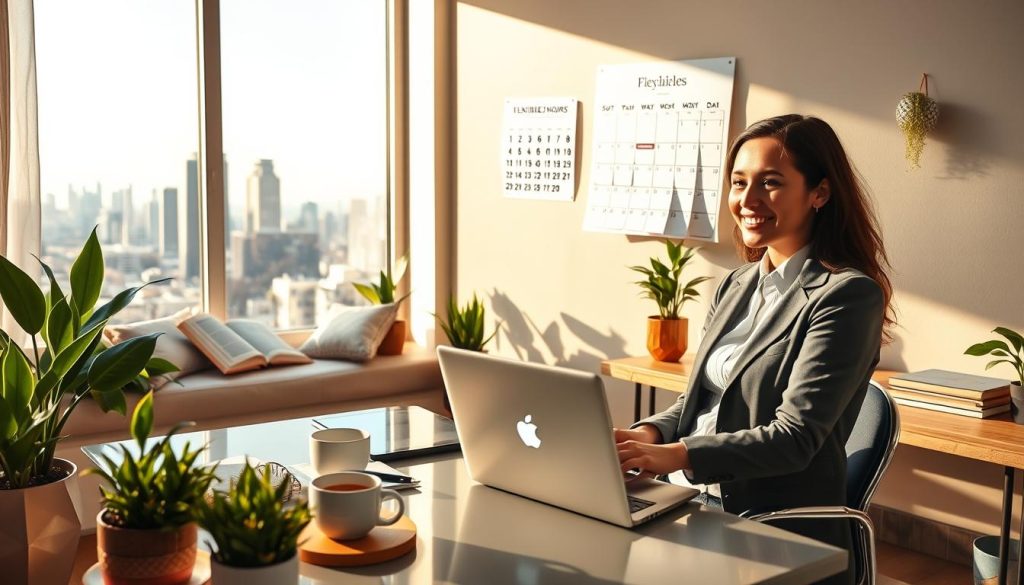 A modern and inviting home office scene that illustrates flexible work arrangements. In the foreground, a professional woman dressed in smart casual attire sits at a stylish desk with a laptop, surrounded by houseplants and a cup of coffee, looking content and focused. The middle ground features a cozy reading nook with a large window letting in warm sunlight, casting soft shadows. A visual representation of work-life balance is depicted with a wall calendar highlighting flexible work hours. In the background, a vibrant city skyline can be seen through the window, symbolizing opportunities. The overall mood is serene and productive, with natural lighting enhancing the warm atmosphere. Include the Umalis Group logo subtly in the scene without text.