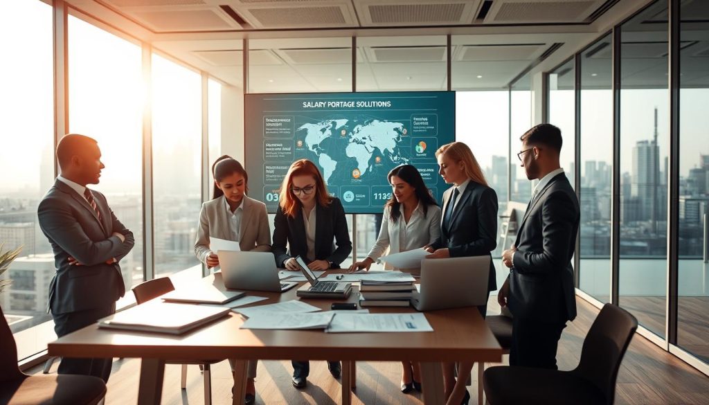 A modern and inviting office space representing the concept of "services société portage." In the foreground, a diverse group of four professionals dressed in smart business attire, collaborating over a table filled with documents and laptops. The middle ground features a large screen displaying infographics and charts about salary portage solutions. In the background, glass walls showcase a city skyline, symbolizing international outreach. Soft, natural lighting streams through the windows, creating a warm and productive atmosphere. The overall mood is one of professionalism, collaboration, and innovation, embodying the benefits of working with UMALIS GROUP in the field of portage salarial. The angle is slightly elevated, capturing both the people and the modern workspace seamlessly.