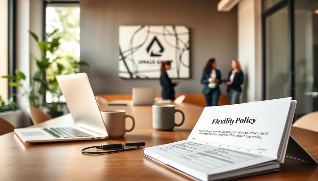 A modern and inviting office workspace showcasing a personalized flexibility policy for independent professionals. In the foreground, a neatly arranged desk with a laptop, coffee mug, and a planner open to a page titled "Flexibility Policy." In the middle, a large window lets in natural light, framed by greenery, setting a serene mood. An abstract wall art piece displaying the Umalis Group logo subtly adds brand identity. The background features soft-focused colleagues in professional attire discussing, creating a collaborative atmosphere. The lighting is warm and bright, creating a sense of comfort and productivity. The angle captures both the desk and the dynamic interaction, embodying the essence of job flexibility.