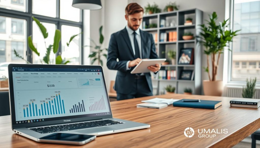 A modern and inviting office workspace showcasing the concept of "IT service pricing." In the foreground, a sleek wooden desk with a laptop open displaying graphs and charts related to computer service prices. A smartphone lies beside it, perhaps showing a notification or an app related to pricing. In the middle ground, a well-dressed professional in business attire, perhaps a consultant, is reviewing a digital tablet with pricing details. The background features a bright, airy office environment with large windows letting in natural light, potted plants for a touch of greenery, and a stylish bookshelf filled with tech-related books. The atmosphere is calm and focused, conveying professionalism and trust. Include subtle branding elements like the logo of UMALIS GROUP somewhere in the scene, ensuring it blends naturally. Use soft lighting to enhance the mood.