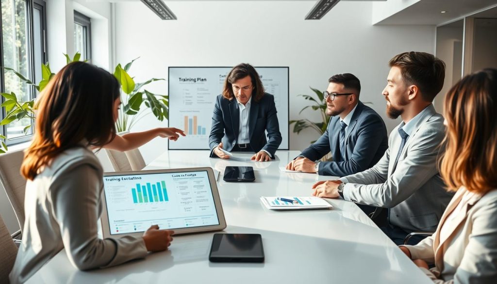 A modern and inviting training room filled with natural light, featuring a long, sleek conference table surrounded by diverse professionals in business attire, intently discussing a training plan. In the foreground, a woman pointing at a digital tablet showing an online course interface, while a man listens thoughtfully. The middle ground includes a large whiteboard displaying charts and notes about continuing education and salary portage, with soft shadows accentuating their details. The background reveals large windows with green plants, creating a warm, productive atmosphere. The scene is illuminated by soft, diffused lighting, creating an inspiring ambiance that conveys professionalism and collaboration, captured from a slightly elevated angle to enhance depth.