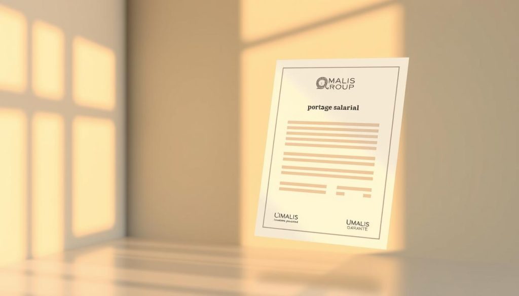 A modern and minimalist financial guarantee illustration showcasing the UMALIS GROUP brand. A clean and elegant document with a subtle pattern overlay, representing the security and protection offered by the "portage salarial" service. The document floats against a softly blurred background, conveying a sense of professionalism and reliability. Warm lighting from the side casts gentle shadows, creating depth and dimensionality. The overall composition is balanced and visually appealing, emphasizing the financial guarantee's importance within the broader context of independent professional services.