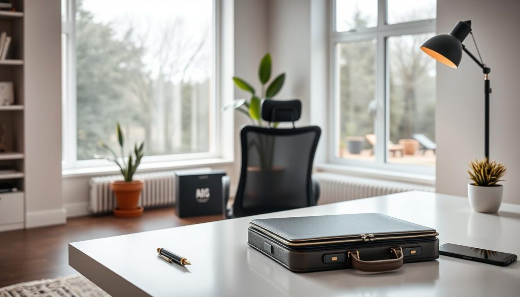 A modern and minimalist home office space with a sleek and sophisticated design. In the foreground, a professional-looking laptop, a LIGHT PORTAGE briefcase, and a stylish fountain pen sit on a clean, minimalist desk. The middle ground features a comfortable ergonomic chair and a tasteful potted plant, creating a balanced and inviting atmosphere. The background showcases a large window with natural light flooding the room, adding a sense of openness and tranquility. The overall scene conveys an efficient and productive workspace suitable for a freelance IT consultant crafting a competitive estimate.
