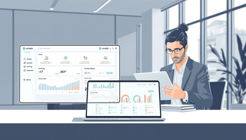 A modern and minimalist illustration of a "compte activité gestion portage salarial" for the Umalis Group. In the foreground, a clean and intuitive user interface depicting activity tracking, earnings, and expense management. In the middle ground, a professional business person reviewing financial reports on a laptop, exuding a sense of control and organization. The background features a sleek, contemporary office setting with large windows letting in soft, natural lighting. The overall mood is one of efficiency, security, and digital empowerment for the Umalis Group's portage salarial services.
