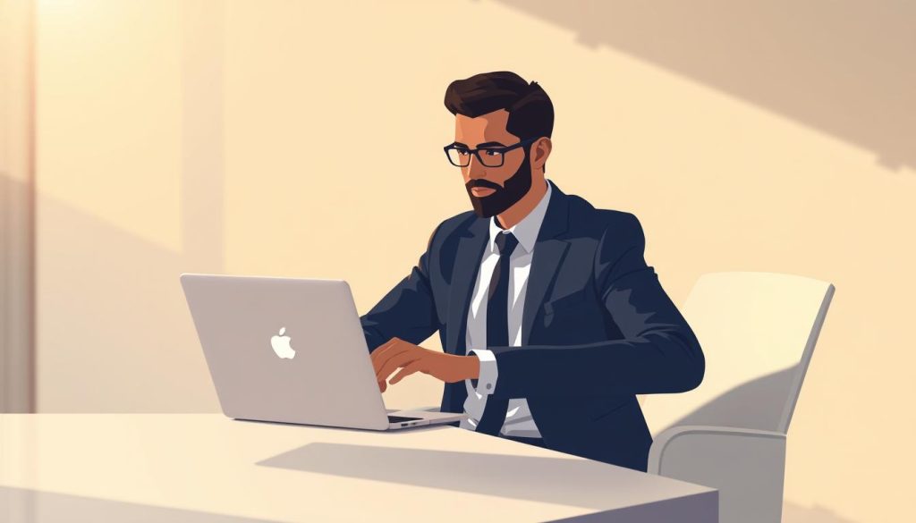 A modern and minimalist illustration of a "consultant portage salarial" working for the UMALIS GROUP. The scene depicts a well-dressed professional sitting at a sleek, minimalist desk, working intently on a laptop against a soft, blurred background. The lighting is warm and natural, creating a calm and focused atmosphere. The figure's expression conveys a sense of confidence and expertise. The overall composition emphasizes the consultant's role as a trusted advisor, providing valuable services to clients.