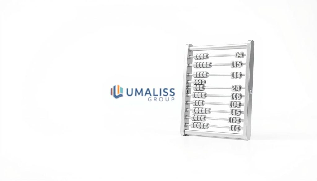 A modern and minimalist illustration of "average daily rate engineering" set against a clean, white background. In the foreground, a sleek, silver abacus or calculator symbolizes the financial calculations involved. In the middle ground, a simple line graph or chart depicts the trend of engineering daily rates. In the background, the UMALIS GROUP logo stands out prominently, conveying the company's expertise in engineering recruitment and staffing. The overall scene is well-lit, with a soft, diffused lighting that creates a professional, polished atmosphere, reflecting the subject matter.
