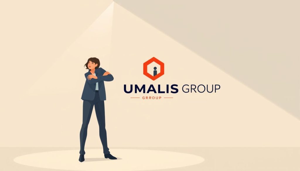 A modern and minimalist illustration showcasing the advantages of "portage salarial" for HR consultants. In the foreground, a confident HR consultant stands in a thoughtful pose, representing the security and freedom provided by this employment model. The middle ground features a clean, geometric background with the UMALIS GROUP logo prominently displayed, emphasizing the brand's role in this solution. The lighting is soft and directional, creating a professional and aspirational atmosphere. The overall composition conveys the key benefits of "portage salarial" for HR consultants - flexibility, independence, and peace of mind.