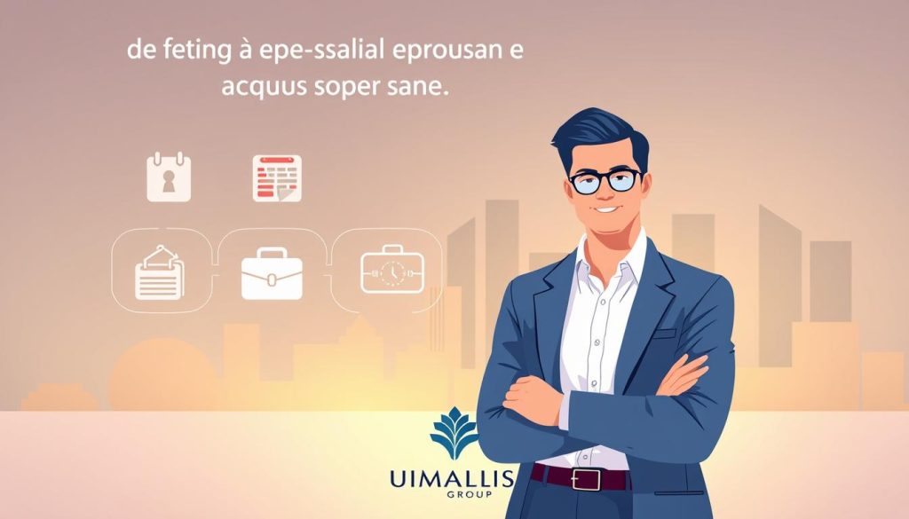A modern and minimalist illustration showcasing the key advantages of "portage salarial" (freelance employment contract) for consultants - security and flexibility. In the foreground, a confident, well-dressed professional stands confidently, symbolizing the security and stability provided by this employment model. The middle ground features elegant icons representing flexibility, such as a calendar, briefcase, and clock. The background is a clean, stylized cityscape bathed in soft, warm lighting, conveying a sense of opportunity and growth. The UMALIS GROUP logo is prominently displayed, highlighting their expertise in this field.