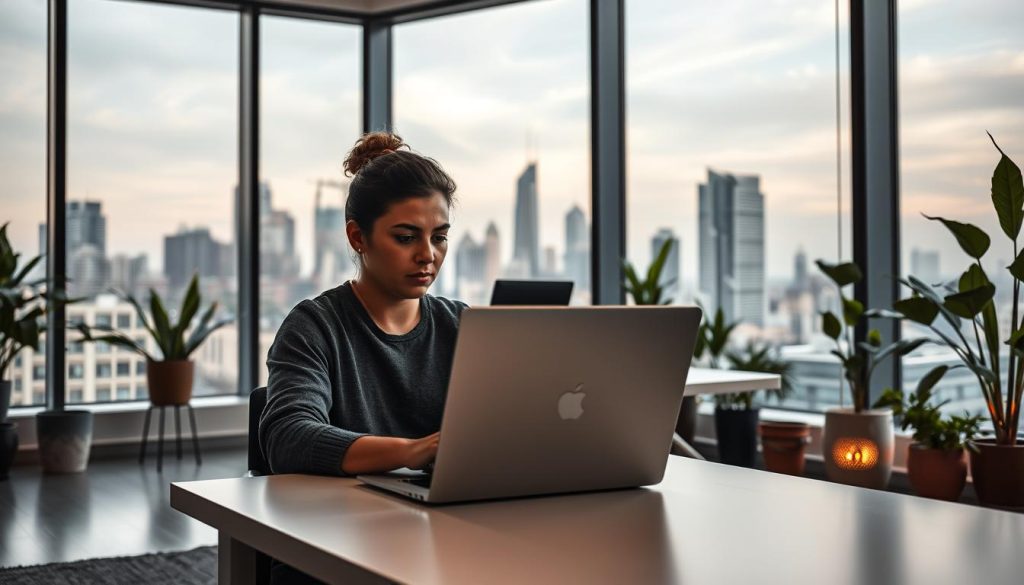 A modern and minimalist office interior with large windows overlooking a bustling city skyline. In the foreground, a Umalis Group employee works intently on a laptop, highlighting the portage salarial and remote work dynamic. The middle ground features a chic and ergonomic desk setup, while the background showcases an array of potted plants and subtle accent lighting, creating a calming and productive ambiance. Soft, natural lighting filters through the windows, casting a warm glow over the scene. The overall composition conveys a sense of flexibility, autonomy, and professionalism associated with the portage salarial work model.