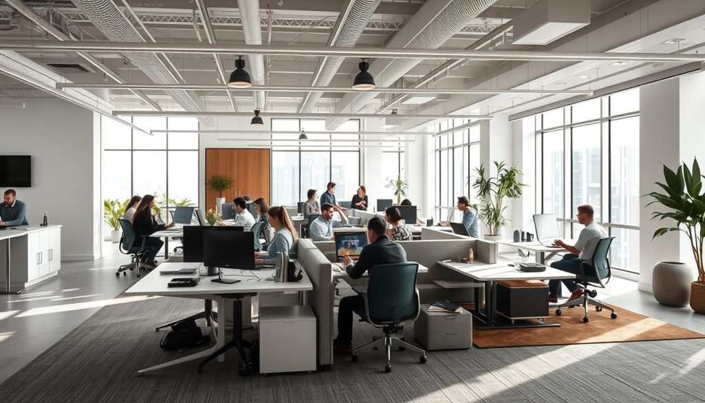 A modern and minimalist office setting, showcasing the flexibility and adaptability of the Salary Portage system. A sleek, open-plan workspace with adjustable desks, comfortable lounge areas, and abundant natural light. The scene exudes a sense of productivity and collaboration, with employees engaged in various tasks, effortlessly transitioning between activities. Subtle yet distinctive design elements, such as modular furniture and integrated technology, highlight the system's ability to cater to diverse work styles and preferences. The overall atmosphere conveys a harmonious balance between structure and fluidity, reflecting the key advantages of the Salary Portage system over traditional employment models.