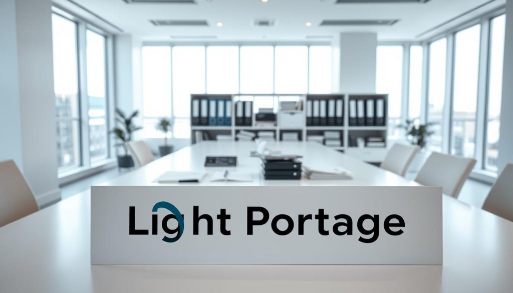 A modern and minimalist office setting, with a sleek, light-filled workspace. In the foreground, a "Light Portage" logo prominently displayed on a clean, white desk. Midground features a variety of legal documents, contracts, and folders, neatly organized, conveying the secure and professional nature of the "cadre légal portage salarial". The background showcases floor-to-ceiling windows, allowing natural light to flood the space, creating a bright and airy atmosphere. The lighting is soft and diffused, highlighting the streamlined and organized nature of the environment. The overall scene exudes a sense of efficiency, legality, and trust, reflecting the "sécurité juridique portage salarial" concept.