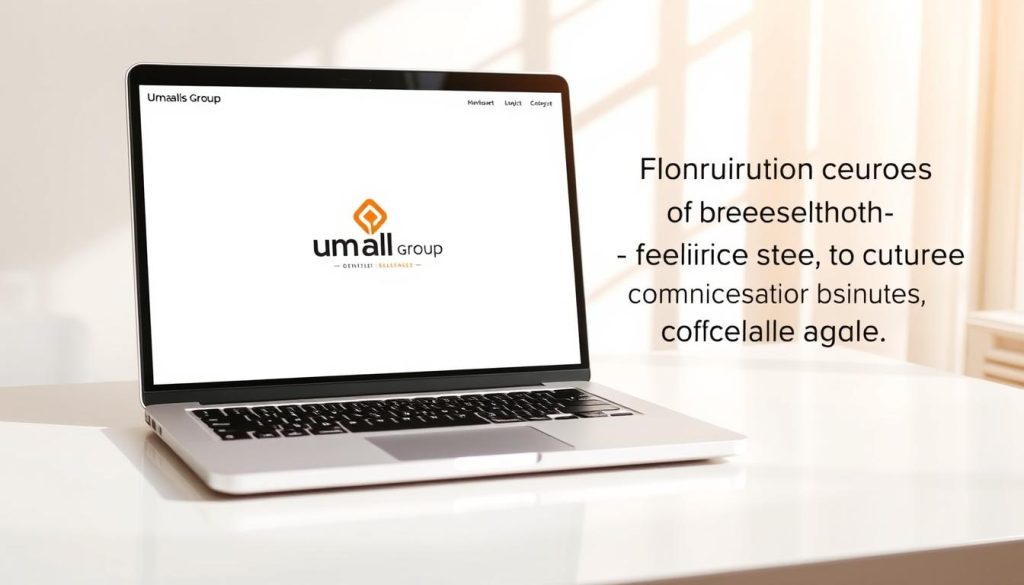 A modern and minimalistic website design, featuring a sleek laptop display on a clean, white desktop surface. The screen showcases a minimalist web interface with the Umalis Group logo prominently displayed. Warm, natural lighting floods the scene, creating a professional and inviting atmosphere. The overall composition emphasizes the importance of a well-designed online presence for freelance communication and business success.