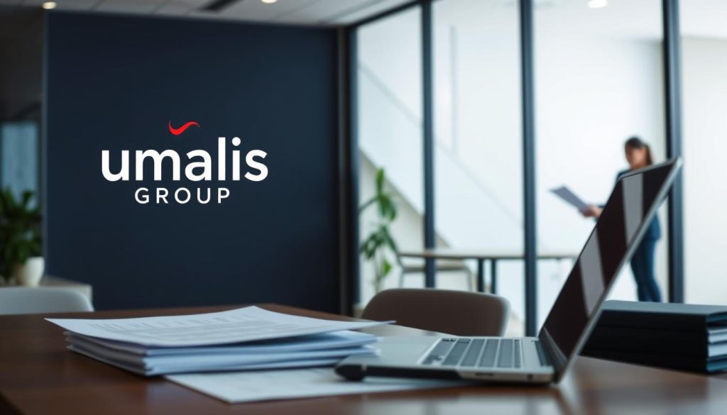 A modern and professional administrative office, with the Umalis Group logo prominently displayed. In the foreground, a laptop and documents illustrate the administrative processes involved in temporary staffing. In the middle ground, a person is reviewing paperwork, representing the management of payroll and invoicing. The background features a clean, minimalist design with geometric shapes and neutral tones, conveying an efficient and organized workflow. The lighting is soft and diffused, creating a calm and focused atmosphere suitable for the administrative nature of the scene. A modern and professional administrative office, with the Umalis Group logo prominently displayed. In the foreground, a laptop and documents illustrate the administrative processes involved in temporary staffing. In the middle ground, a person is reviewing paperwork, representing the management of payroll and invoicing. The background features a clean, minimalist design with geometric shapes and neutral tones, conveying an efficient and organized workflow. The lighting is soft and diffused, creating a calm and focused atmosphere suitable for the administrative nature of the scene.