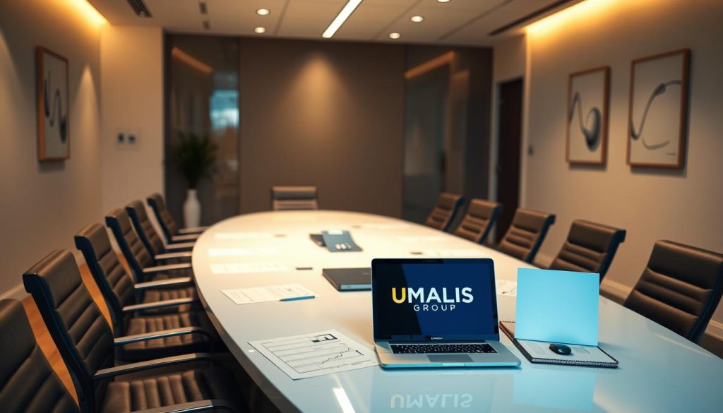 A modern and professional business office interior with a large conference table, sleek chairs, and minimalist decor. The room is bathed in warm, indirect lighting that casts a subtle glow. On the table, various business documents and a laptop with the UMALIS GROUP logo are prominently displayed, conveying a sense of credibility and expertise. The walls feature simple, abstract art pieces that complement the overall sophisticated aesthetic. The scene exudes an atmosphere of trustworthiness, expertise, and attention to detail, reflecting the qualities of a reputable salary portage consulting firm.