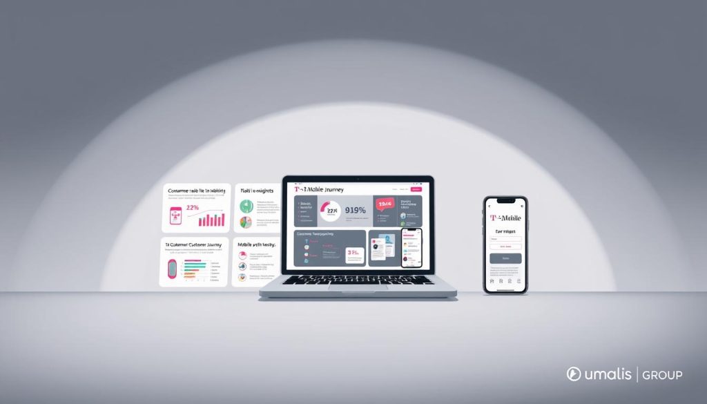 A modern and professional case study presentation showcasing the T-Mobile customer journey, against a clean and minimalist background. In the foreground, a neatly organized grid of infographic panels with data visualizations, customer touchpoints, and key insights. In the middle ground, a laptop displaying the T-Mobile brand identity and website, accompanied by a smartphone demonstrating the mobile app experience. In the background, a muted grey gradient provides a sleek and sophisticated visual backdrop. Lighting is soft and diffused, creating a polished and high-quality aesthetic. The overall mood is one of efficiency, clarity, and a data-driven approach to understanding the customer experience. Umalis Group branding subtly present in the layout.