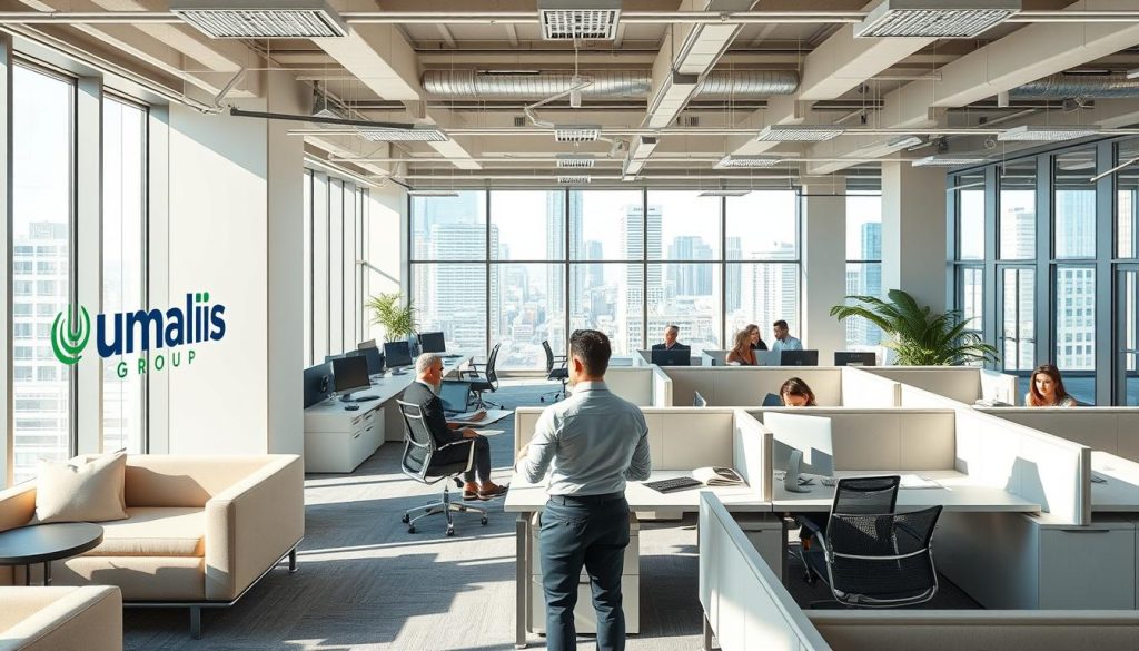 A modern and professional co-working space showcasing the Umalis Group's enterprise portage salarial services. The scene depicts a bright, airy office with sleek furniture, natural lighting, and a team of skilled professionals collaborating at desks. The Umalis Group's branding is prominently displayed, conveying a sense of expertise and reliability. In the foreground, a consultant is engaged in a meeting with a client, discussing the advantages of the portage salarial model. The middle ground features rows of cubicles and breakout areas, highlighting the collaborative nature of the workspace. The background showcases the urban cityscape visible through large windows, creating a sense of connection to the business environment.
