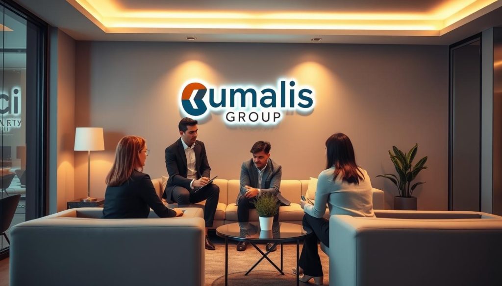 A modern and professional-looking office interior with a prominent Umalis Group logo prominently displayed on the wall. The scene depicts a team of consultants working collaboratively, guiding a small business owner through the process of setting up a "société portage". Warm, directional lighting illuminates the space, creating a sense of professionalism and expertise. The furniture is sleek and minimalist, allowing the focus to remain on the Umalis Group branding and the consultative interaction. The overall atmosphere conveys a sense of trust, support, and guidance for the independent trainer navigating the complexities of the "portage salarial" system.