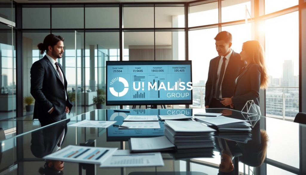 A modern and professional office environment illustrating the financial and fiscal impact of portage salarial. In the foreground, a diverse group of three professionals, two men and one woman, are engaged in discussion. They are dressed in smart business attire, analyzing financial documents spread across a sleek glass table. In the middle, a large digital screen displays infographics and graphs, showcasing key financial metrics. The background features a bright skyline visible through large windows, suggesting a dynamic and forward-thinking atmosphere. Soft natural lighting illuminates the scene, creating a welcoming and productive mood. The UMALIS GROUP logo is subtly incorporated in the design on the digital screen, enhancing brand recognition without overt emphasis.