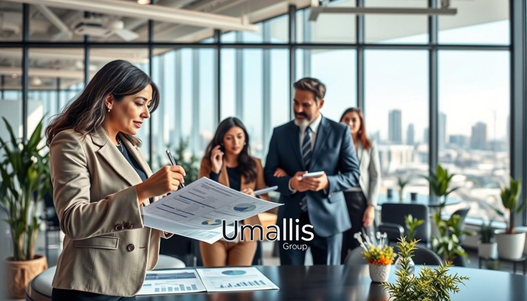A modern and professional office environment showcasing a group of diverse individuals engaged in a business meeting. In the foreground, a confident woman in formal business attire is reviewing documents with visible charts and graphs, while a man in a suit listens attentively. In the middle ground, a large glass window lets in natural light, illuminating the workspace filled with potted plants and modern furniture. In the background, a view of a city skyline adds depth to the scene. The atmosphere is collaborative and focused, conveying a sense of ambition and professionalism. The logo of "Umalis Group" is subtly integrated into a presentation on the table. The image should use bright, warm lighting, captured from a slightly elevated angle to provide a comprehensive view of the workspace. A modern and professional office environment showcasing a group of diverse individuals engaged in a business meeting. In the foreground, a confident woman in formal business attire is reviewing documents with visible charts and graphs, while a man in a suit listens attentively. In the middle ground, a large glass window lets in natural light, illuminating the workspace filled with potted plants and modern furniture. In the background, a view of a city skyline adds depth to the scene. The atmosphere is collaborative and focused, conveying a sense of ambition and professionalism. The logo of "Umalis Group" is subtly integrated into a presentation on the table. The image should use bright, warm lighting, captured from a slightly elevated angle to provide a comprehensive view of the workspace.