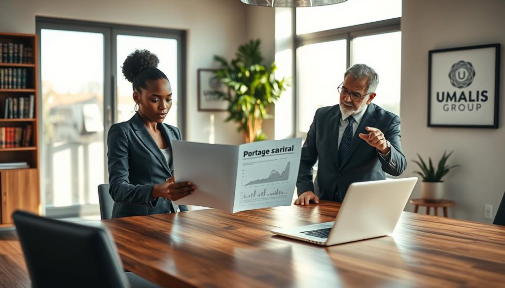 A modern and professional office environment, showcasing a meeting room with a large wooden table, where three diverse business professionals discuss a legal document regarding "portage salarial." In the foreground, a focused Black woman in a tailored suit reviews the document in her hands, while a middle-aged Caucasian man gestures towards a laptop displaying digital graphs. In the background, large windows allow natural light to pour in, illuminating the room and casting soft shadows, creating a warm atmosphere. Subtle elements like bookshelves filled with business law books and a potted plant add to the inviting ambiance. In one corner, the "UMALIS GROUP" logo is subtly displayed on a framed wall art. The overall mood is one of security, collaboration, and professionalism, reflecting the concept of legal safety through a collective agreement.