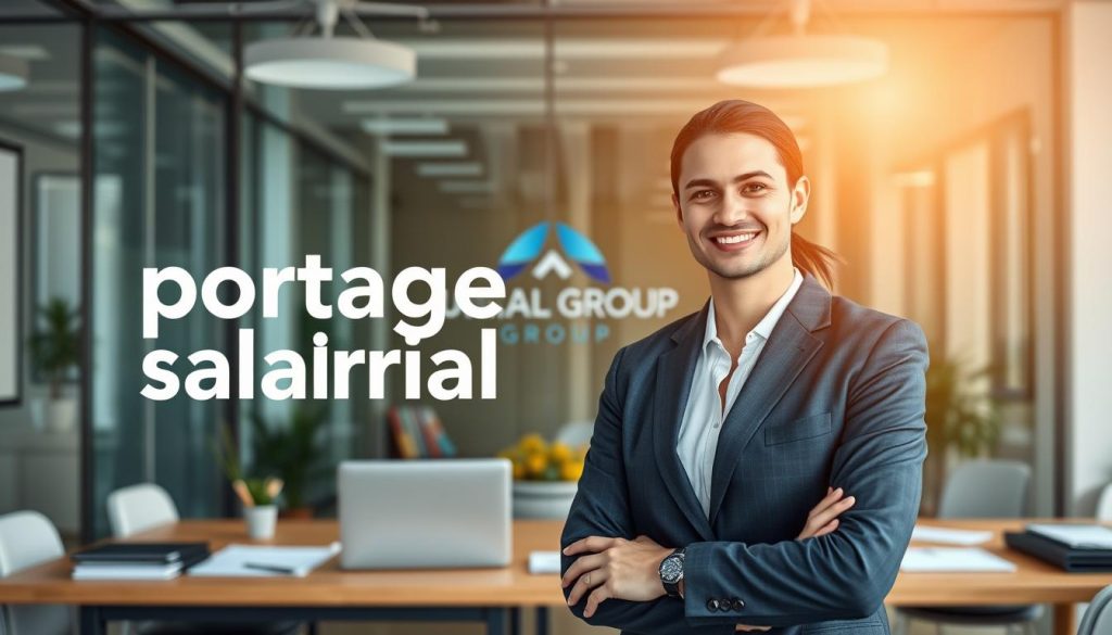A modern and professional office environment with a well-dressed businessperson in the foreground, representing the "portage salarial" concept. The middle ground features a laptop, documents, and other office supplies, conveying a sense of productivity and administrative tasks. In the background, the Umalis Group logo is prominently displayed, reflecting the brand identity. The lighting is bright and warm, creating a welcoming and professional atmosphere. The overall composition and attention to detail suggest a comprehensive and secure employment solution.