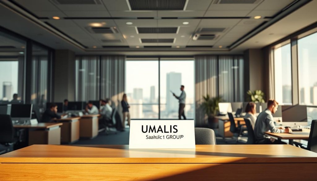A modern and professional office interior, with desks, computers, and employees working. In the foreground, a central desk with a nameplate that reads "UMALIS GROUP" - the provider of the salarial portage service. The middle ground features employees collaborating, discussing documents and using laptops. The background showcases a large window with a cityscape view, creating a bright, airy atmosphere. Lighting is soft and natural, with a slight warm tone. The overall scene conveys a sense of productivity, efficiency, and a well-organized salarial portage operation.