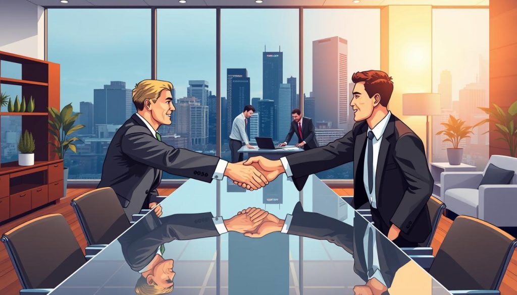 A modern and professional office interior with sleek furniture and decor. In the foreground, two business people shaking hands across a glass conference table, symbolizing a successful client relationship. The middle ground features a team of professionals collaborating around a laptop, representing the Umalis Group's business control and oversight. The background showcases a large window with a city skyline view, infusing the scene with an atmosphere of sophistication and growth. The lighting is warm and directional, creating depth and highlighting the key elements. Captured with a wide-angle lens to convey a sense of scale and authority.