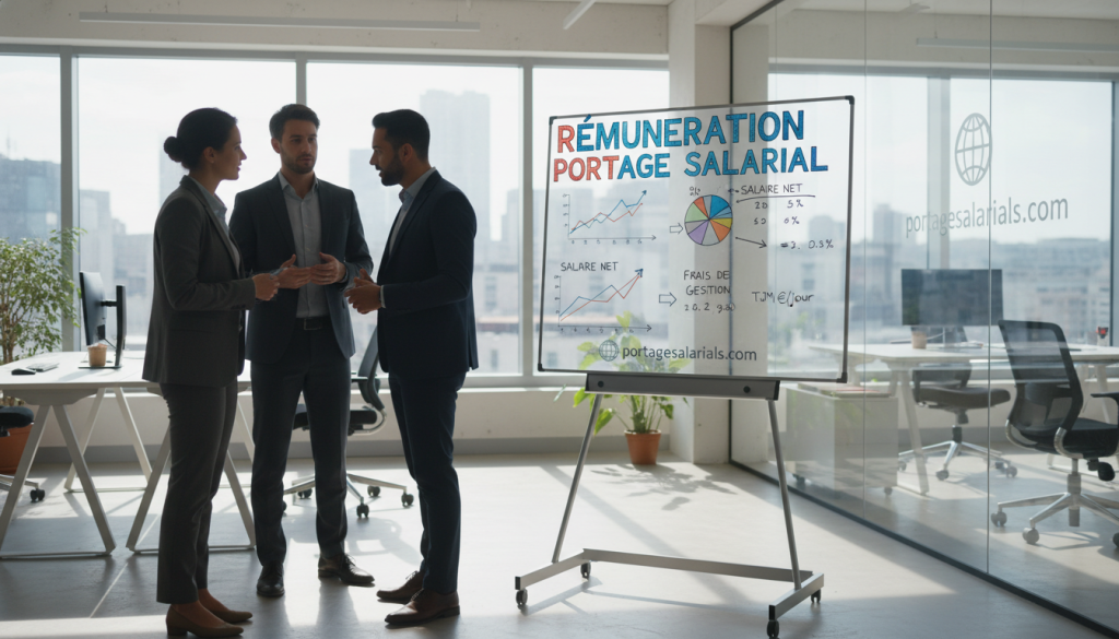 A modern and professional office setting depicting the concept of "rémunération portage salarial." In the foreground, a diverse group of three professionals—two men and one woman—appears engaged in a discussion. They are dressed in business attire, showcasing a blend of formal suits and smart casual wear. Their expressions are focused and collaborative. In the middle ground, a whiteboard is filled with graphs and figures illustrating salary comparison and management fees, emphasizing key points related to portage salarial. The background reveals a bright, airy office with large windows allowing natural light to flood the space, enhancing a productive atmosphere. The overall mood is one of professionalism and clarity, designed to convey the importance of understanding remuneration in portage salarial, with a subtle branding of "portagesalarials.com" integrated into the office decor.