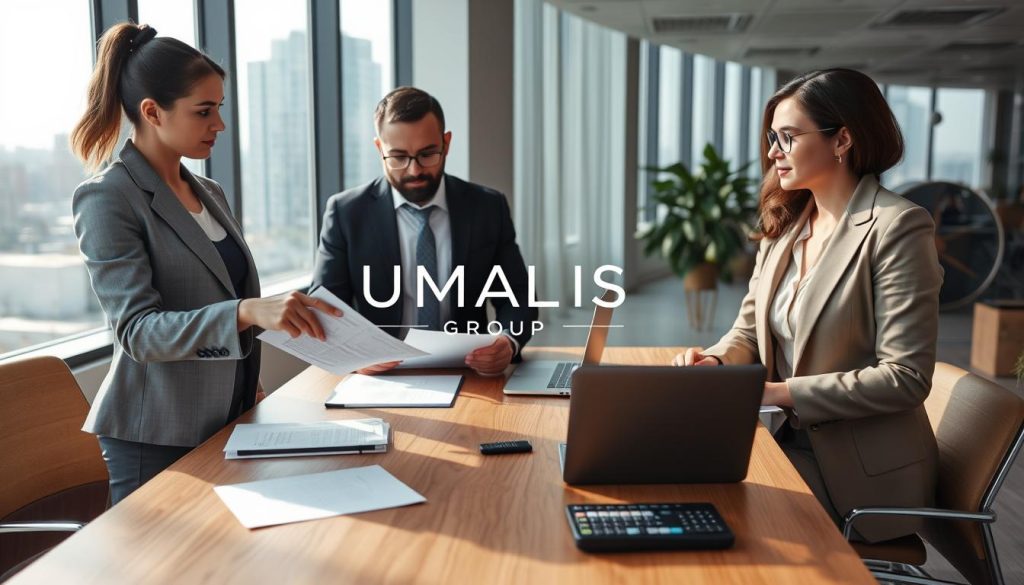 A modern and professional office setting featuring a diverse group of three individuals engaged in a discussion about "contrat société portage". In the foreground, a female consultant in a smart business outfit is pointing to a document, while a male client in a suit is taking notes and a female financial advisor, also in professional attire, looks on attentively. In the middle, a sleek wooden table is covered with papers, laptops, and a stylish calculator. The background displays large windows with city views, allowing natural sunlight to illuminate the scene, creating a warm and inviting atmosphere. The overall mood is collaborative and focused. Include the logo of "UMALIS GROUP" subtly incorporated into the background decor, enhancing the professional theme without distraction.