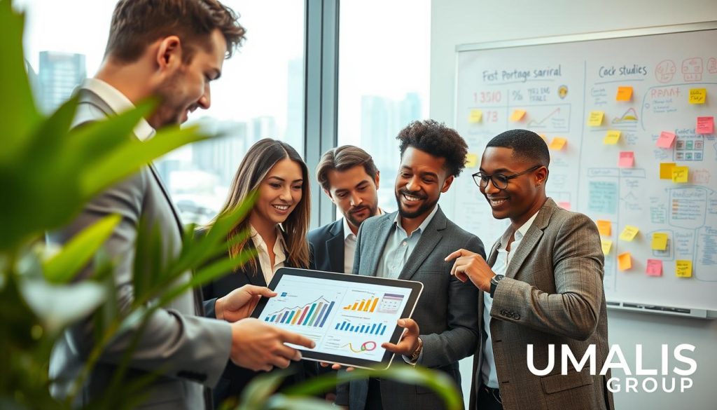 A modern and professional office setting showcasing a collaborative workspace. In the foreground, a diverse group of three professionals in business attire, engaged in a discussion over a digital tablet displaying graphs and case studies related to portage salarial. The middle ground features a large glass window with a city skyline view, emphasizing a bustling urban environment, along with plants adding a touch of greenery. In the background, a whiteboard filled with colorful diagrams and post-it notes detailing concrete examples of portage salarial. The lighting is bright and inviting, with a focus on natural light streaming through the window. The overall atmosphere conveys teamwork and innovation, capturing the essence of practical case studies. Include the brand name "UMALIS GROUP" subtly in the background, integrated into the workspace decor.