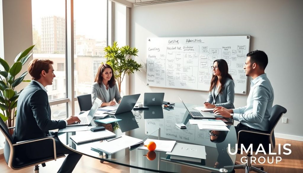 A modern and professional office setting showcasing "gestion administrative". In the foreground, a diverse group of four professionals in business attire work collaboratively around a sleek, glass conference table filled with documents, laptops, and digital devices. The middle ground captures a large whiteboard filled with flowcharts and notes about administrative tasks and obligations. In the background, large windows provide natural light, illuminating the room and casting soft shadows. A potted plant in the corner adds a touch of greenery, enhancing the inviting atmosphere. The image conveys a productive and organized environment, reflective of the complexities and decisions in administrative management. Include the logo of "UMALIS GROUP" subtly integrated into the office décor. The lighting should be bright yet warm to promote a focused yet comfortable mood. A modern and professional office setting showcasing "gestion administrative". In the foreground, a diverse group of four professionals in business attire work collaboratively around a sleek, glass conference table filled with documents, laptops, and digital devices. The middle ground captures a large whiteboard filled with flowcharts and notes about administrative tasks and obligations. In the background, large windows provide natural light, illuminating the room and casting soft shadows. A potted plant in the corner adds a touch of greenery, enhancing the inviting atmosphere. The image conveys a productive and organized environment, reflective of the complexities and decisions in administrative management. Include the logo of "UMALIS GROUP" subtly integrated into the office décor. The lighting should be bright yet warm to promote a focused yet comfortable mood.