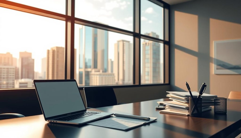 A modern and professional office setting with a focus on administrative processes related to real estate portage. The scene depicts a desk with a laptop, files, and a pen holder, all arranged neatly. The background features a large window overlooking a cityscape, providing a sense of scale and ambiance. Warm, directional lighting casts subtle shadows, creating depth and a sense of sophistication. The overall mood is one of efficiency, organization, and a commitment to Umalis Group's expertise in real estate portage.